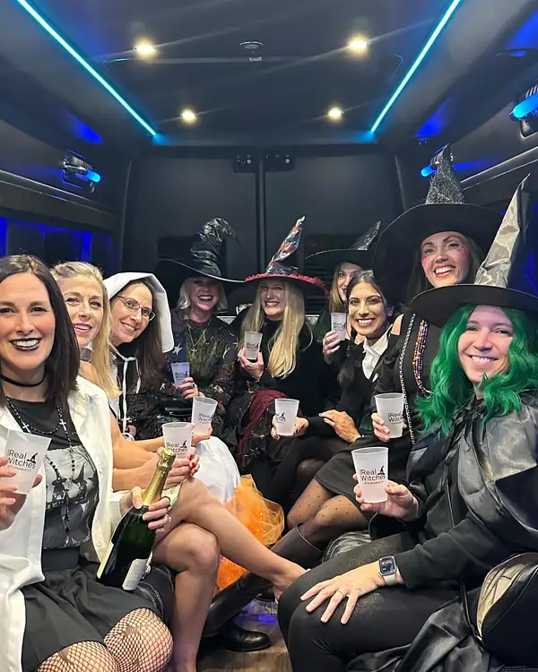 Costumed group celebrating inside a TIED party bus